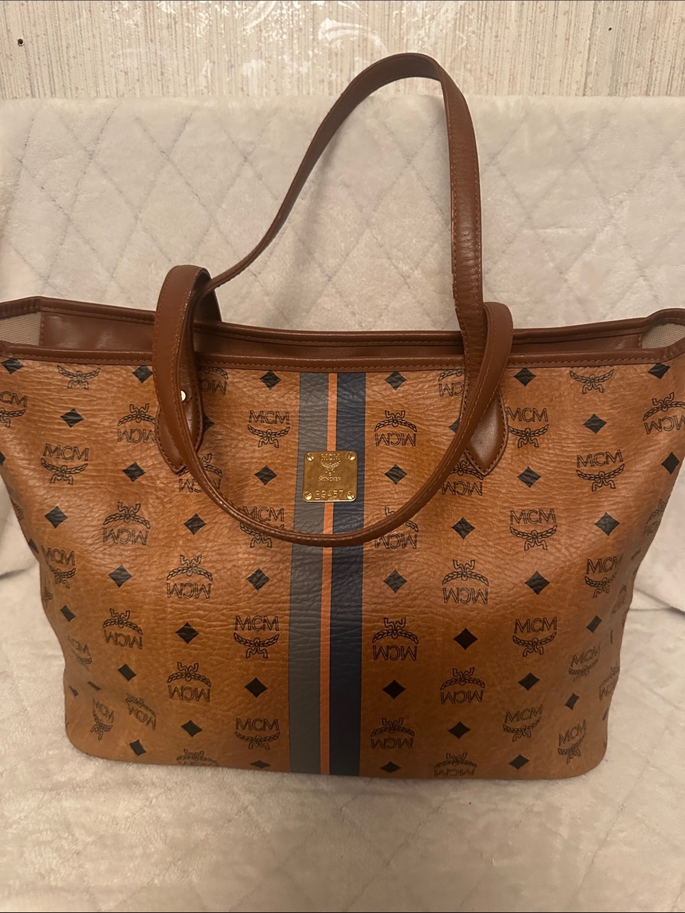 MCM Cognac Visetos Monogram Tote with Blue Stripe
